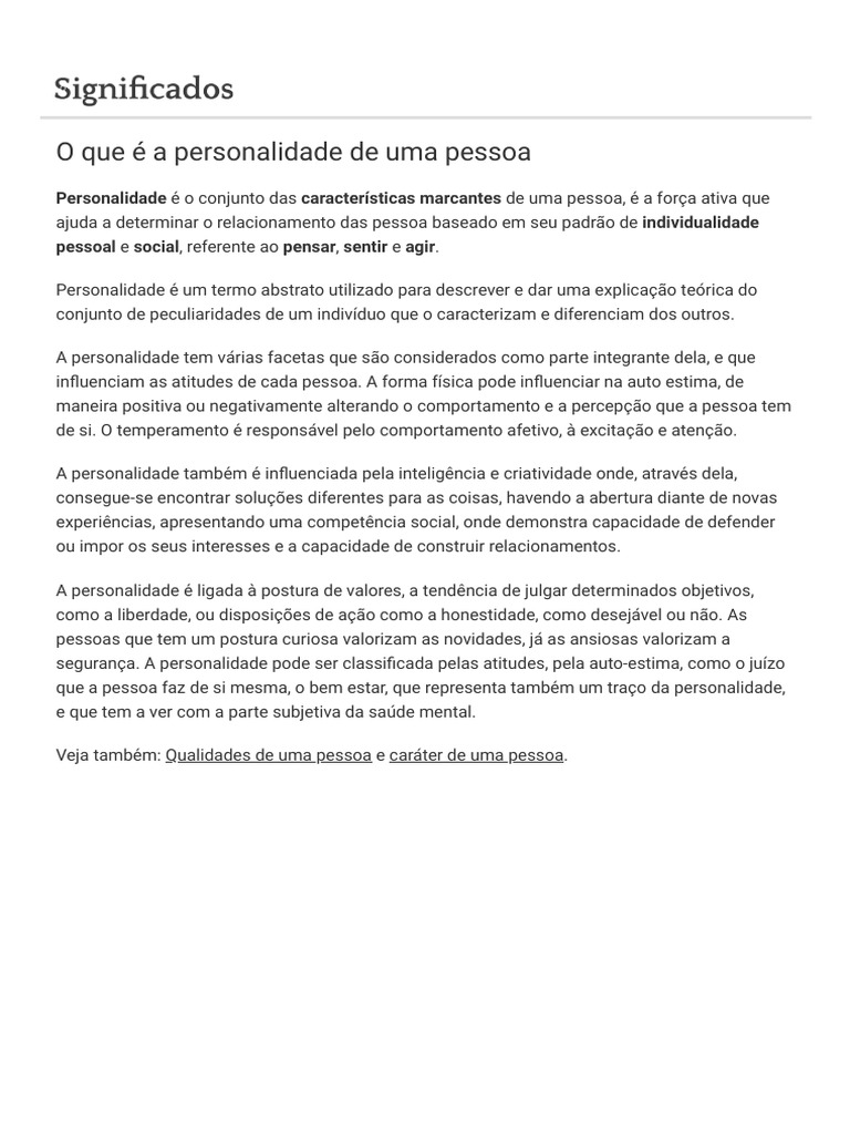 O Que É A Personalidade de Uma Pessoa - Significados | PDF