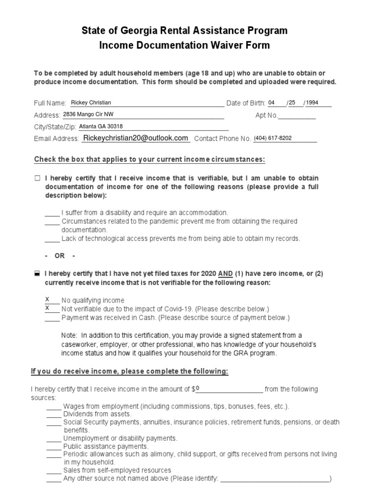 State of Rental Assistance Program Documentation Waiver