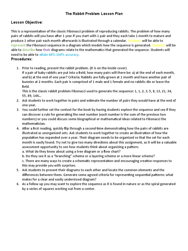 Fibonacci Rabbit Problem Lesson Plan | PDF | Bracket | Sequence