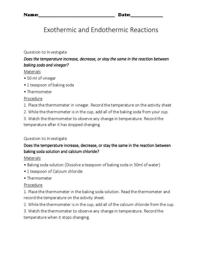 Exothermic and Endothermic Reactions PDF Sodium Carbonate Sodium