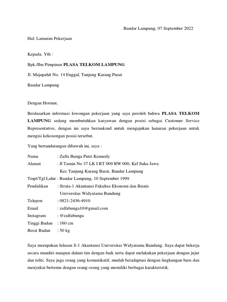 Surat Lamaran Pekerjaan Zalfa Bunga Telkom - 2 | PDF