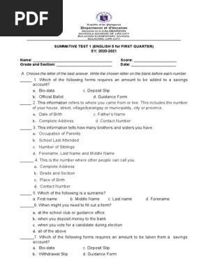 SUMMATIVE TEST ENGLISH 5 1ST QUARTER
