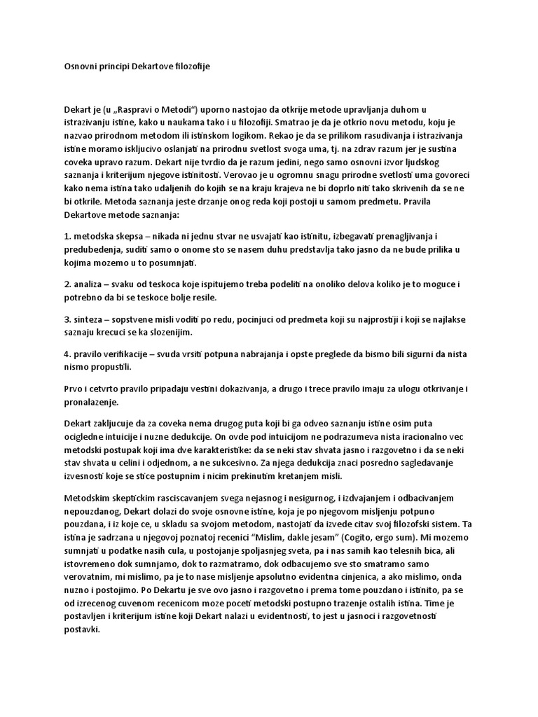 Osnovni Principi Dekartove Filozofije | PDF