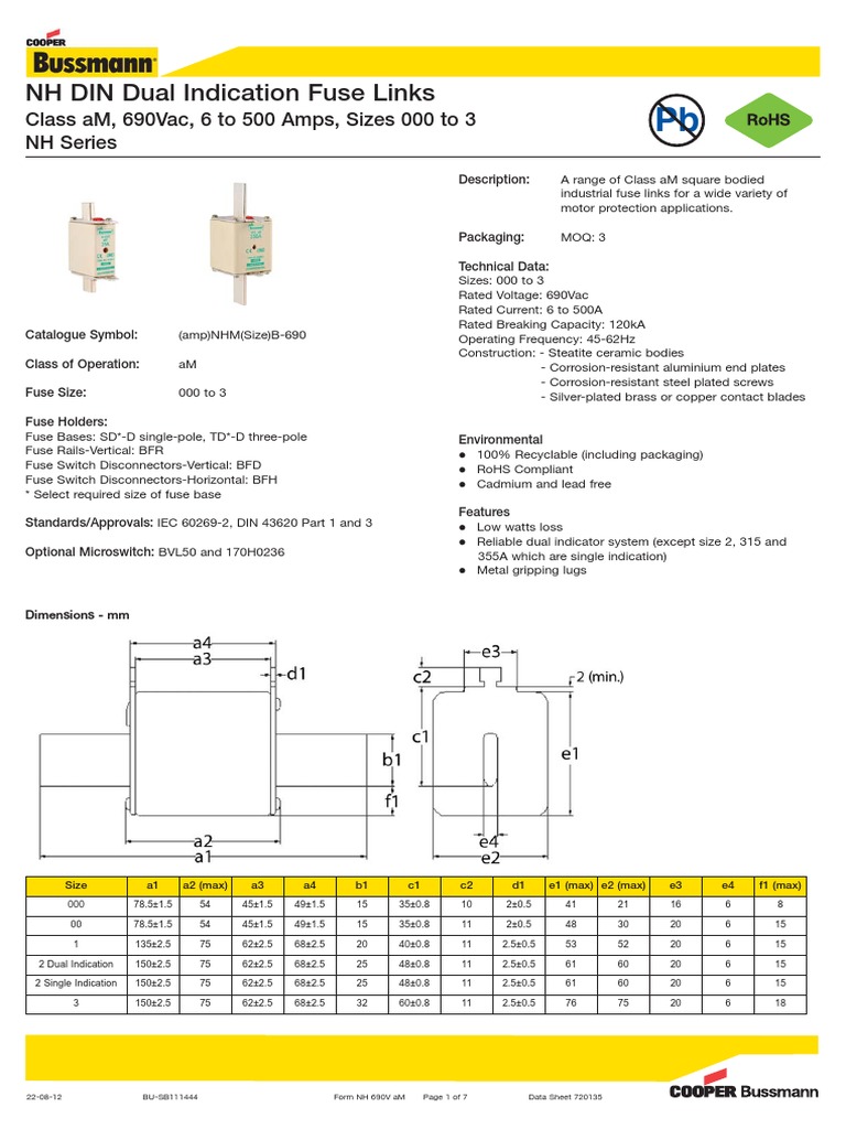 NH DIN Dual Indication Fuse Links Technical Specification Ranges from 6 to 500 Amps, Sizes 000