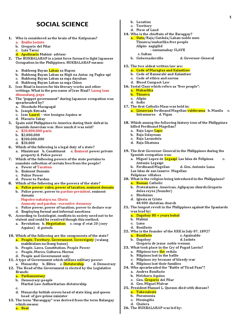 SOCIALSTUDIES Question and Answer PDF President Of The Philippines World Politics