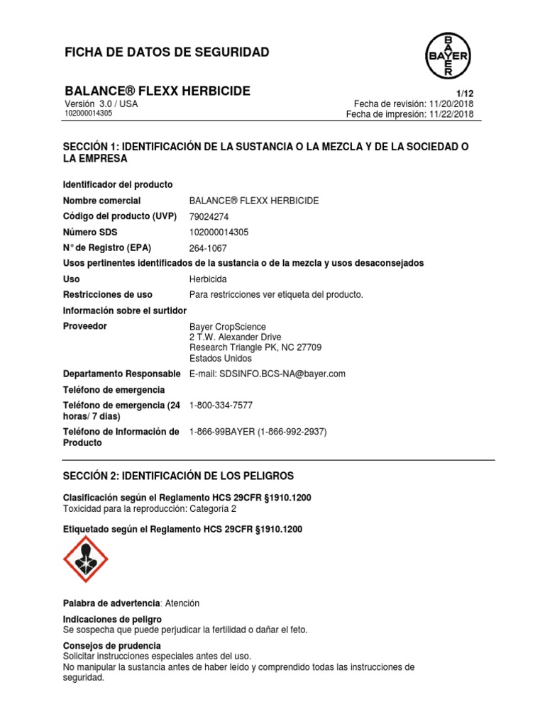 Balance Flexx1k Herbicide MSDS PDF Agua Residuos