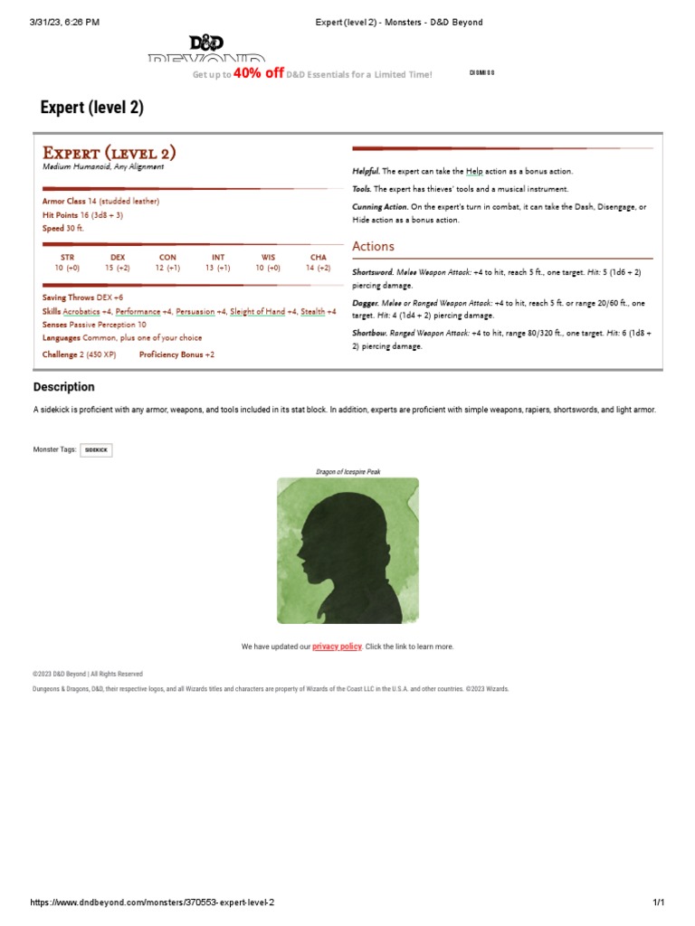 Expert (Level 2) Monsters D&D Beyond PDF Dungeons & Dragons