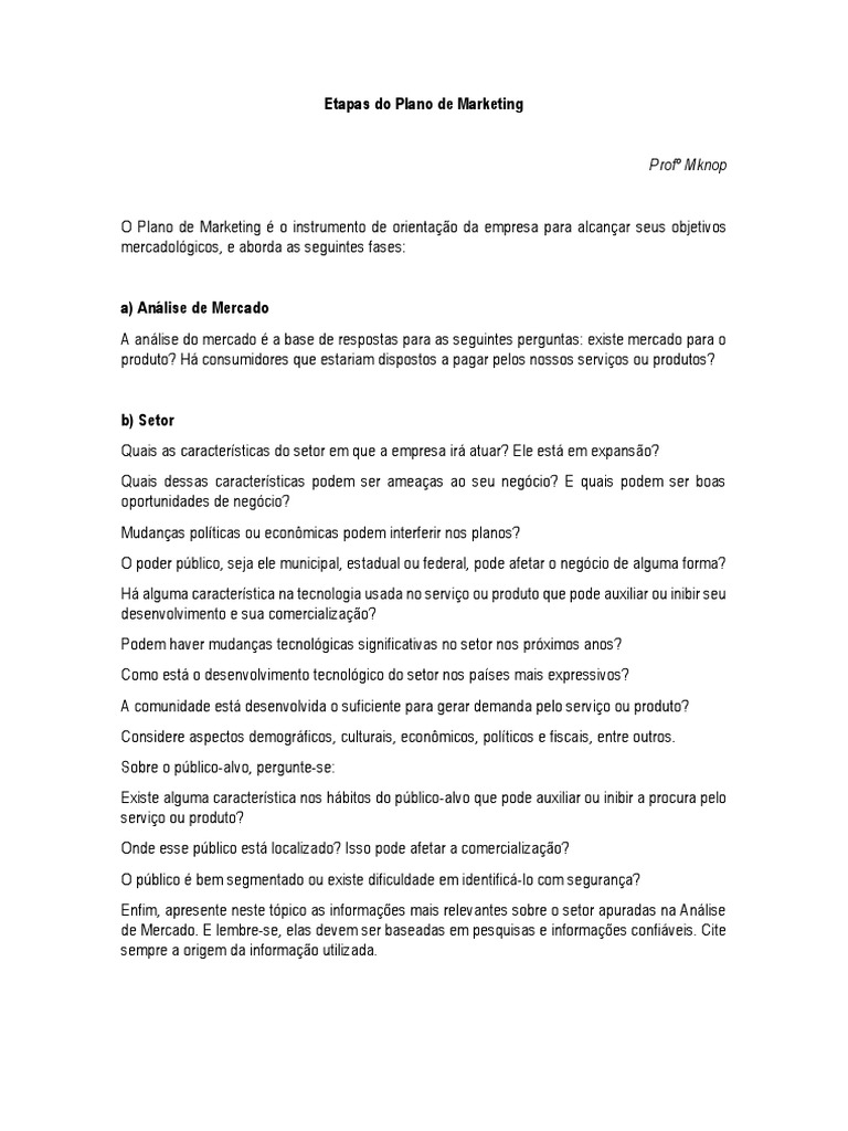 Etapas Do Plano de Marketing | PDF | Marketing | Segmentação de mercado
