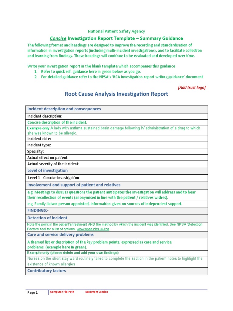 Root Cause Analysis Report Template | PDF | Risk | Patient Safety