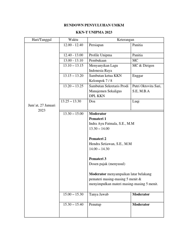 Rundown Penyuluhan UMKM KKN-T UNIPMA 2023 | PDF