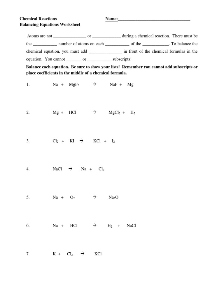 Balancing Chemical Equations Worksheet Pdf
