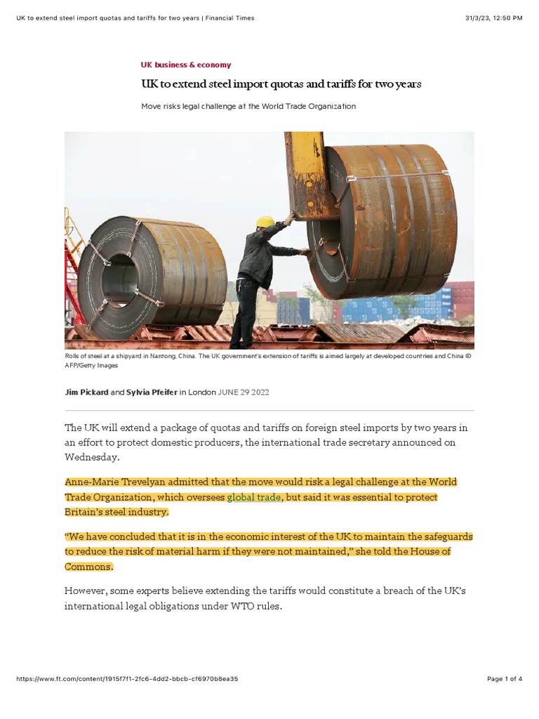 UK To Extend Steel Import Quotas and Tariffs For Two Years - Financial ...