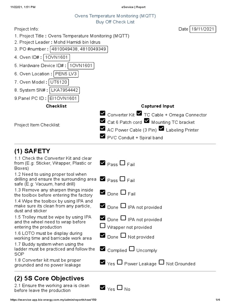 Safety Ovens Temperature Monitoring (MQTT) Buy Off Check List PDF