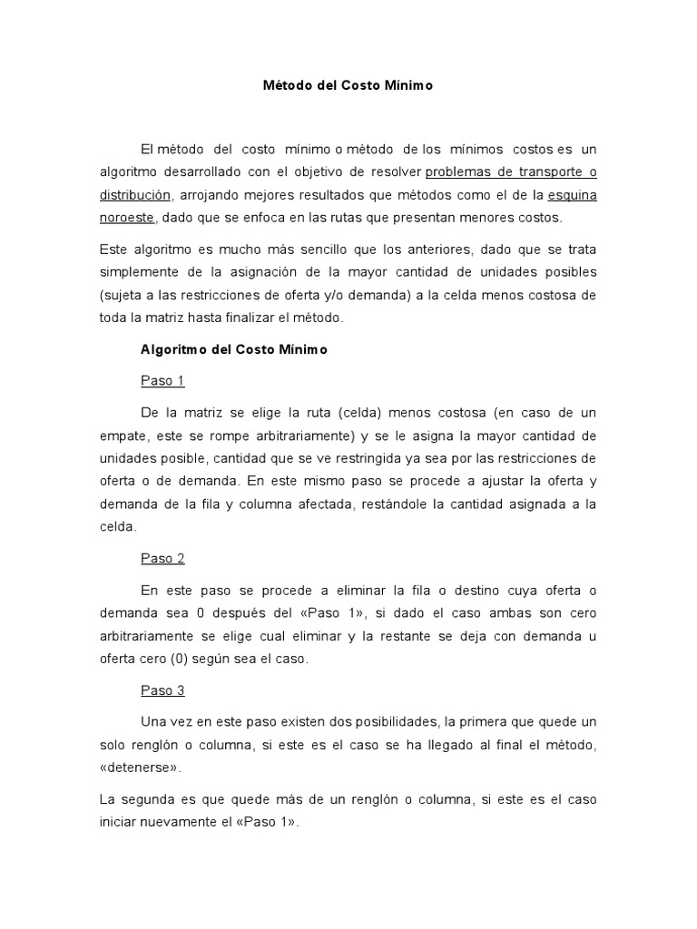 Método del Costo Mínimo en Transporte | PDF | Algoritmos | Matemáticas ...