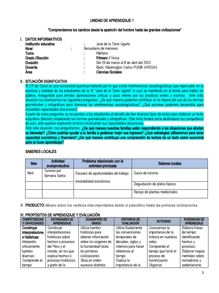 Unidad de Aprendizaje 1 CCSS - 1° 2023-20-03, 08-04 | PDF | Evolución ...