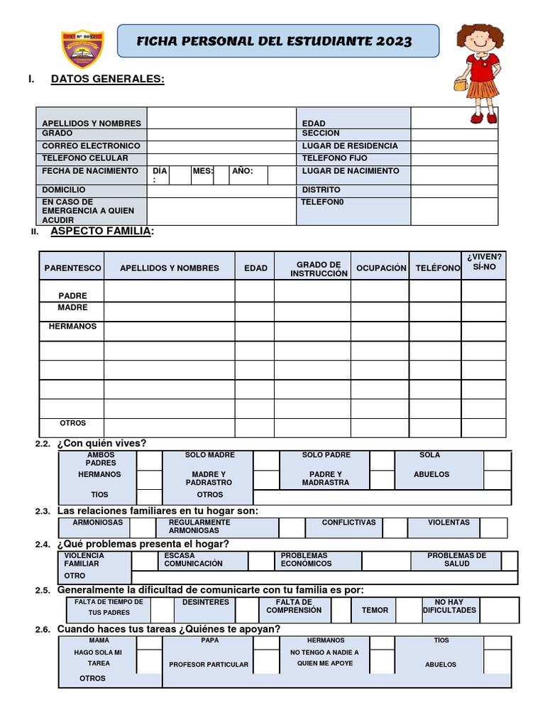 Ficha Personal del Estudiante 2023 | PDF