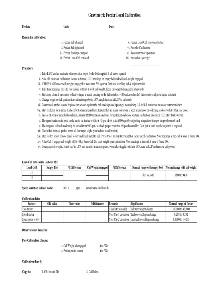 Gravimetric Feeder Local Calibration Format PDF Calibration Equipment