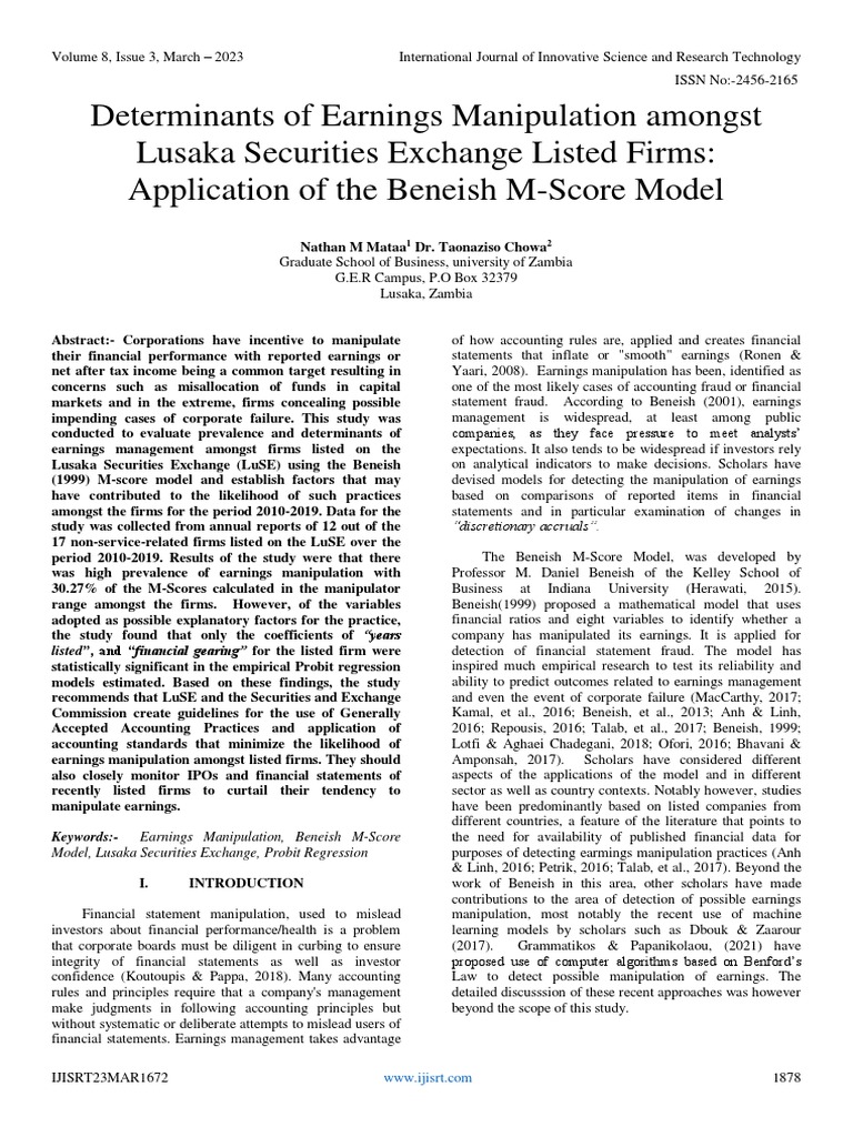 Determinants of Earnings Manipulation Amongst Lusaka Securities