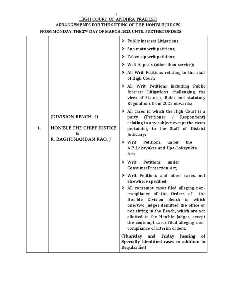 Arrangements For The Sitting of The Hon'Ble Judges: (Division Bench - I ...