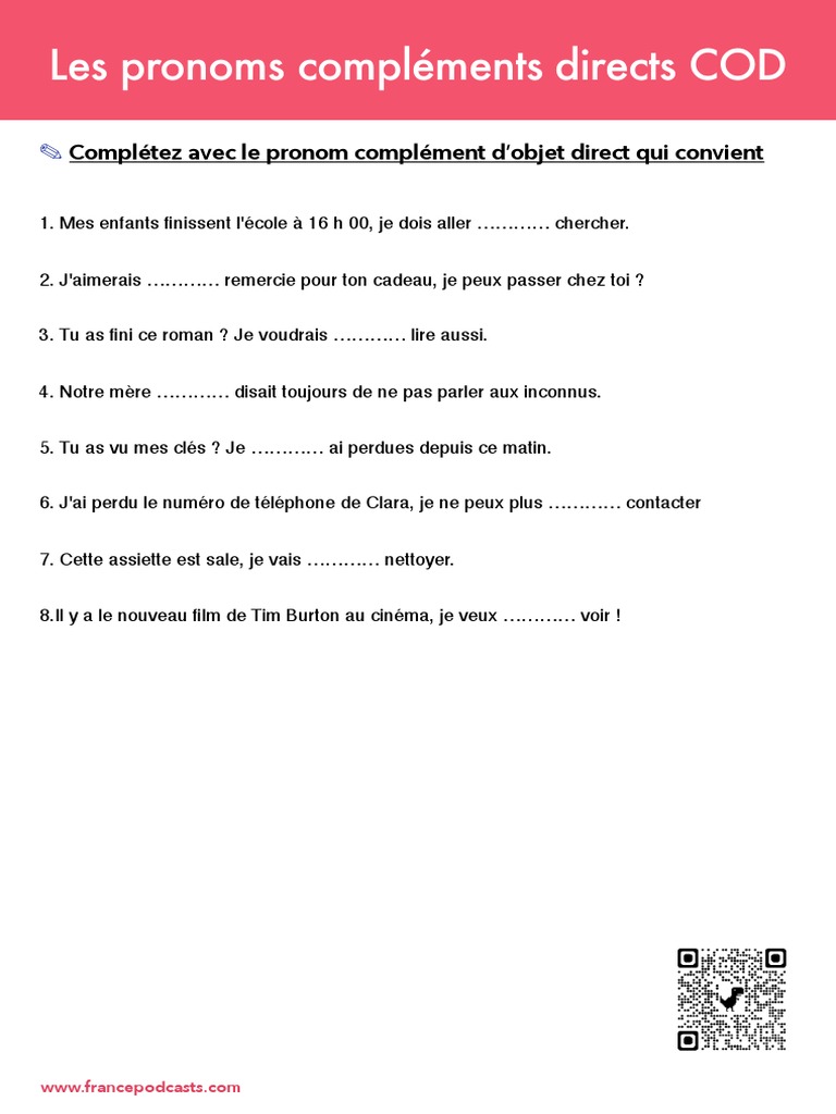 Exercices sur les pronoms COD | PDF