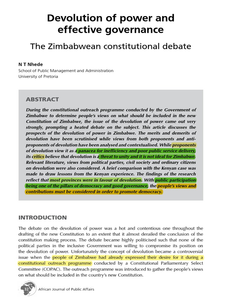 Devolution of Power in Zimbabwe's Constitution | PDF | Decentralization ...