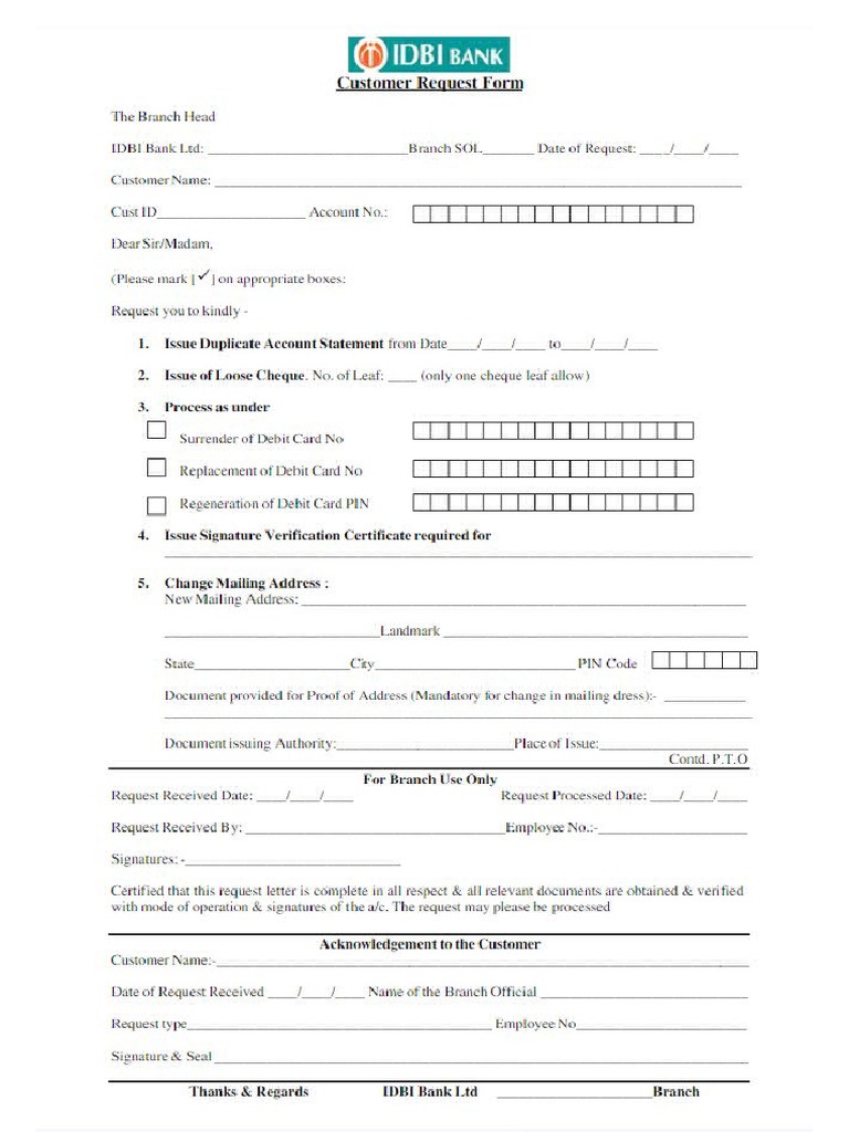 Idbi Statement Request Form PDF