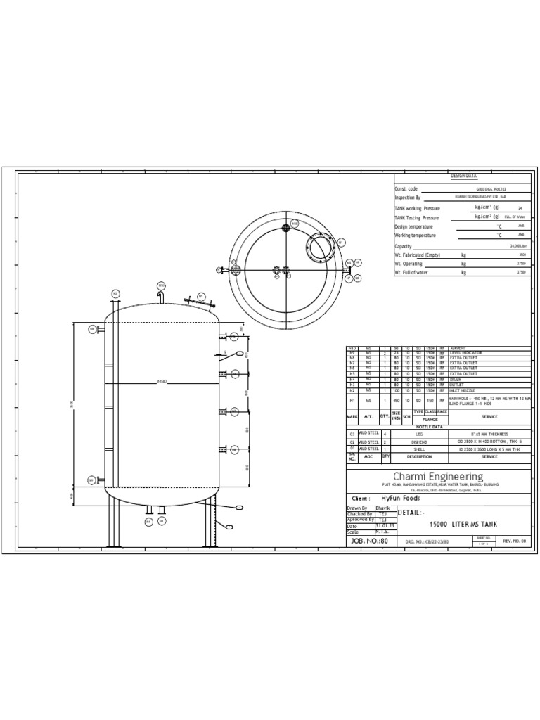 15000L Mild Steel Tank Design Drawing | PDF | Mechanical Engineering