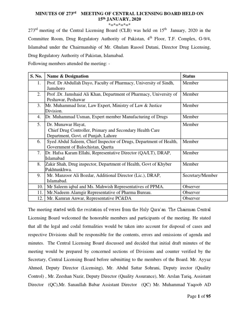 Minutes of 273 Meeting of Central Licensing Board Held On 15 JANUARY ...
