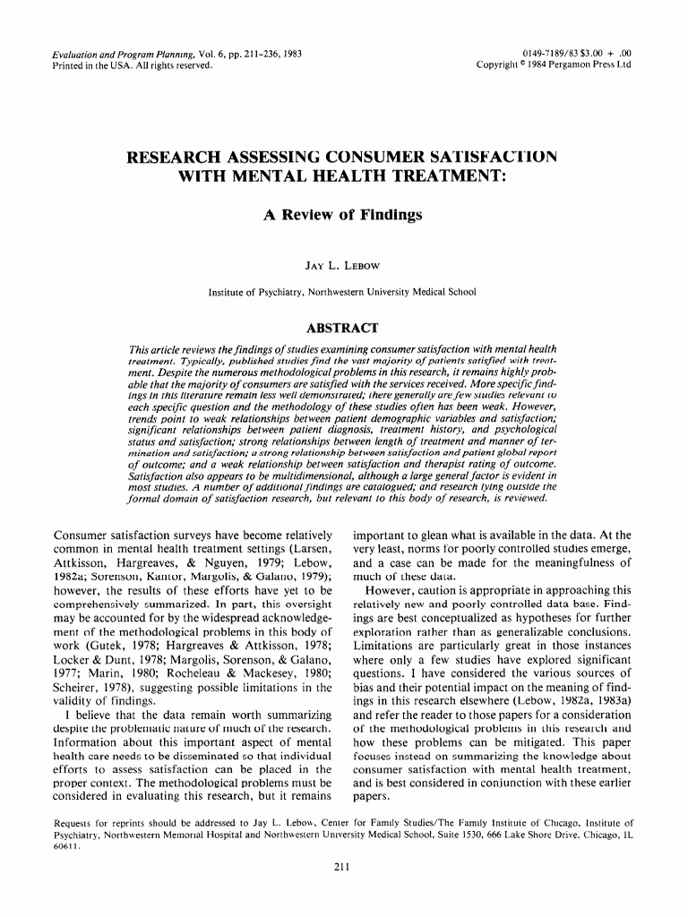 Research assessing consumer satisfaction with mental health t atment a