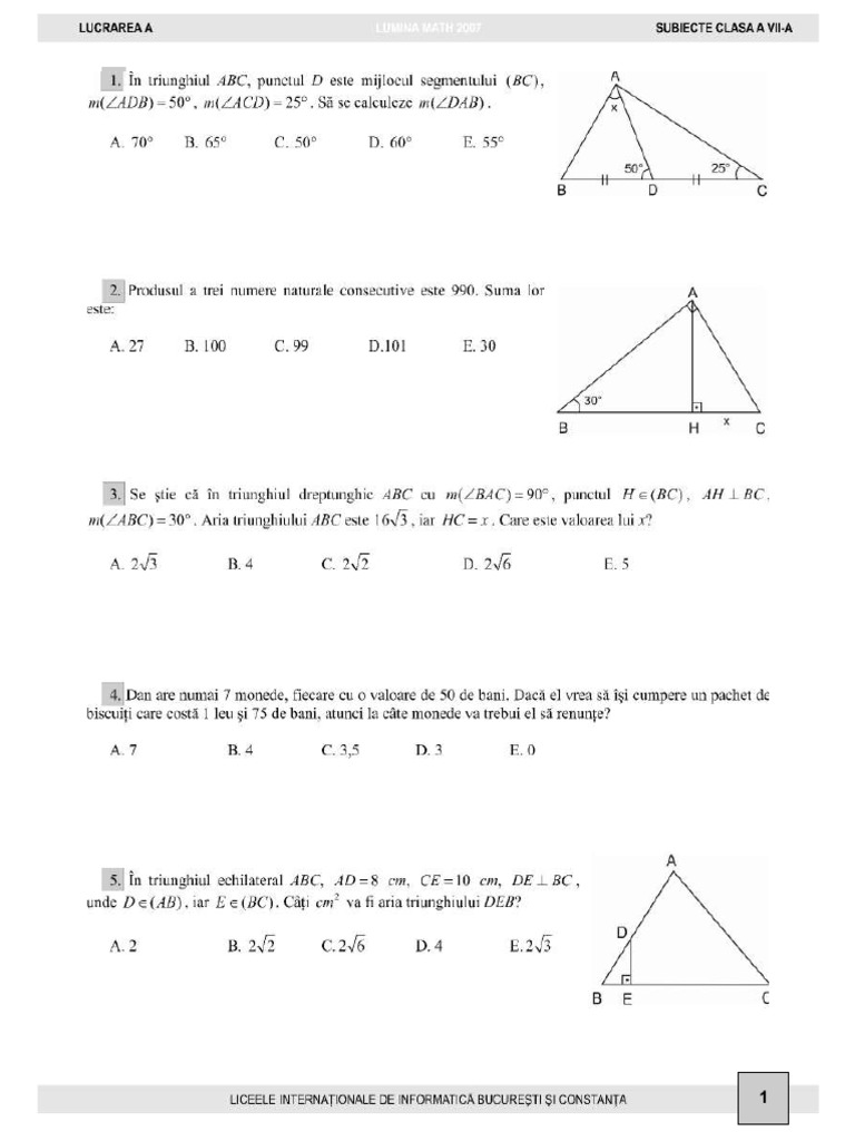 Lumina Math 2007 - Clasa 7 | PDF