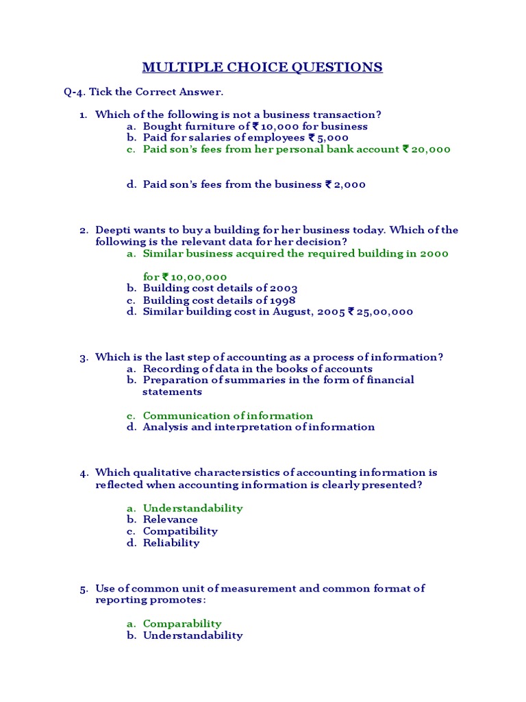 Multiple Choice Questions: C. Paid Son's Fees From Her Personal Bank ...