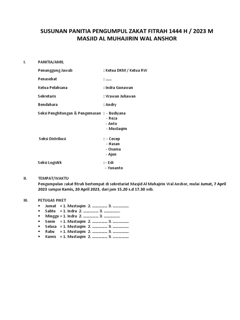Susunan Panitia Pengumpul Zakat Fitrah 1444 H | PDF
