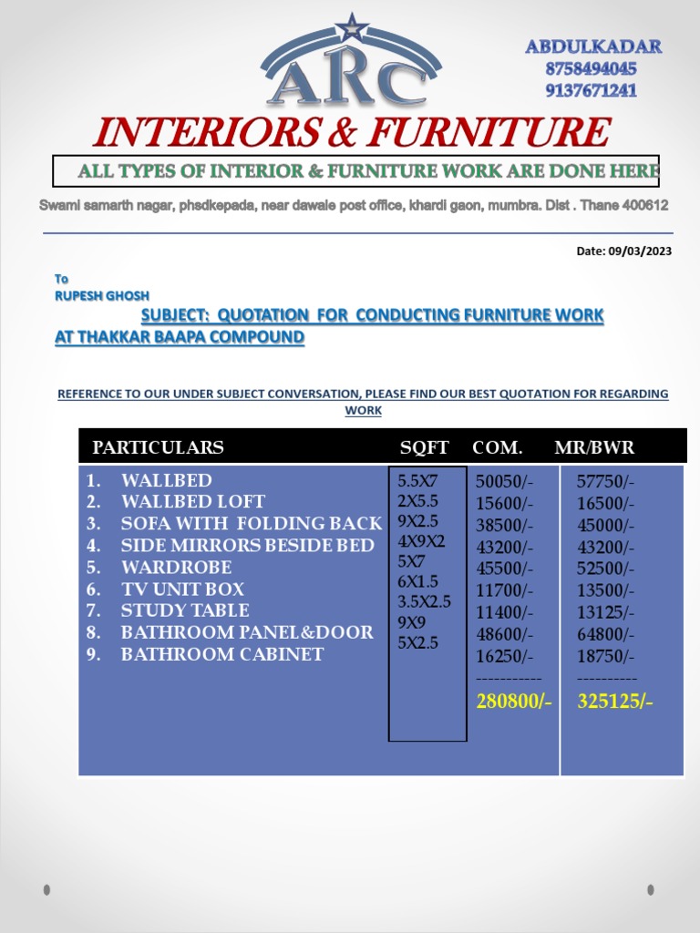 Interiors & Furniture Subject Quotation For Conducting Furniture Work