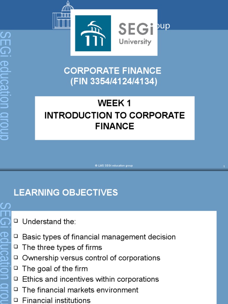 Lecture 1 - Introduction To Corporate Finance | PDF | Financial Markets ...