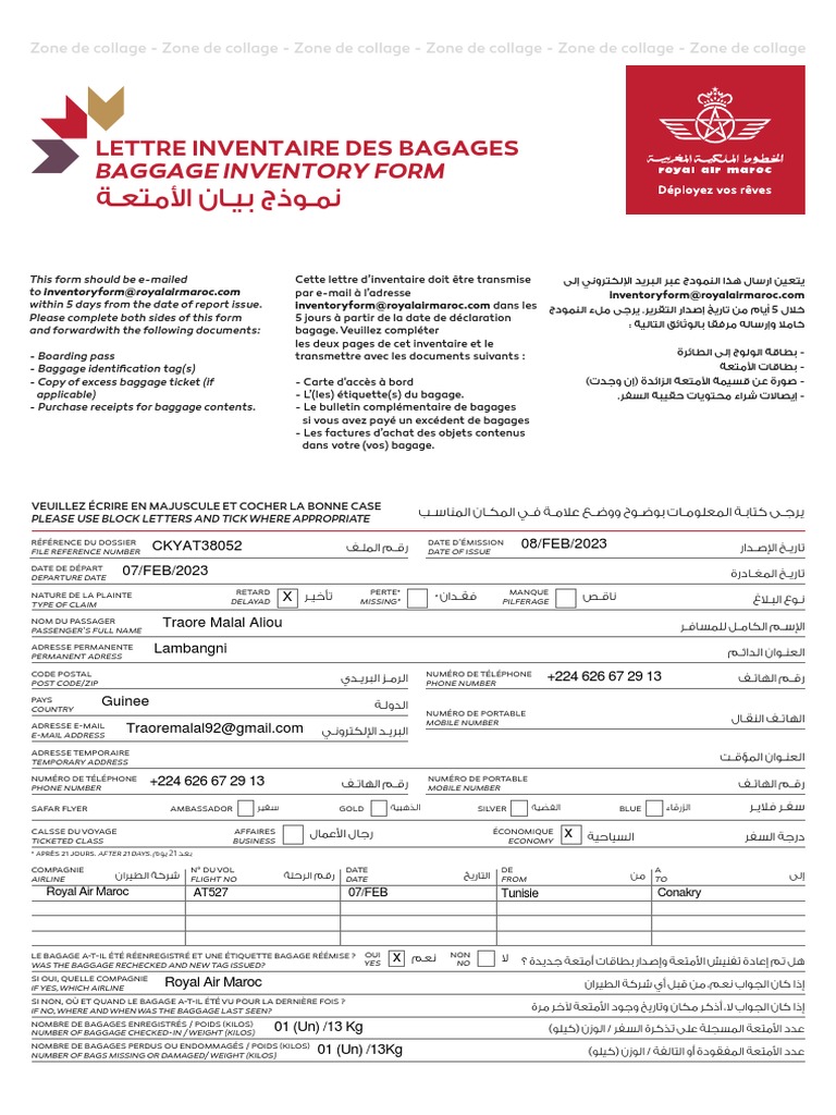 Baggage Inventory Form Lettre Inventaire Des Bagages PDF