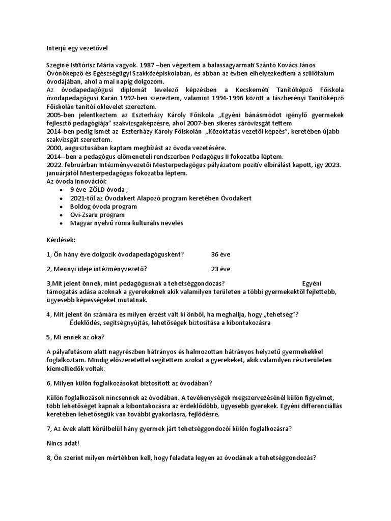 Interjú Egy Vezetővel Szeginé | PDF