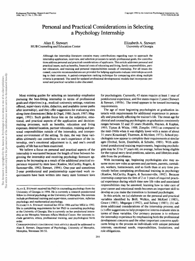 Personal and Practical Considerations in Selecting A Psychology