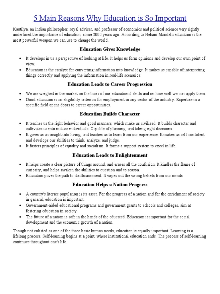 Importance of Education Explained | PDF | Knowledge | Reason