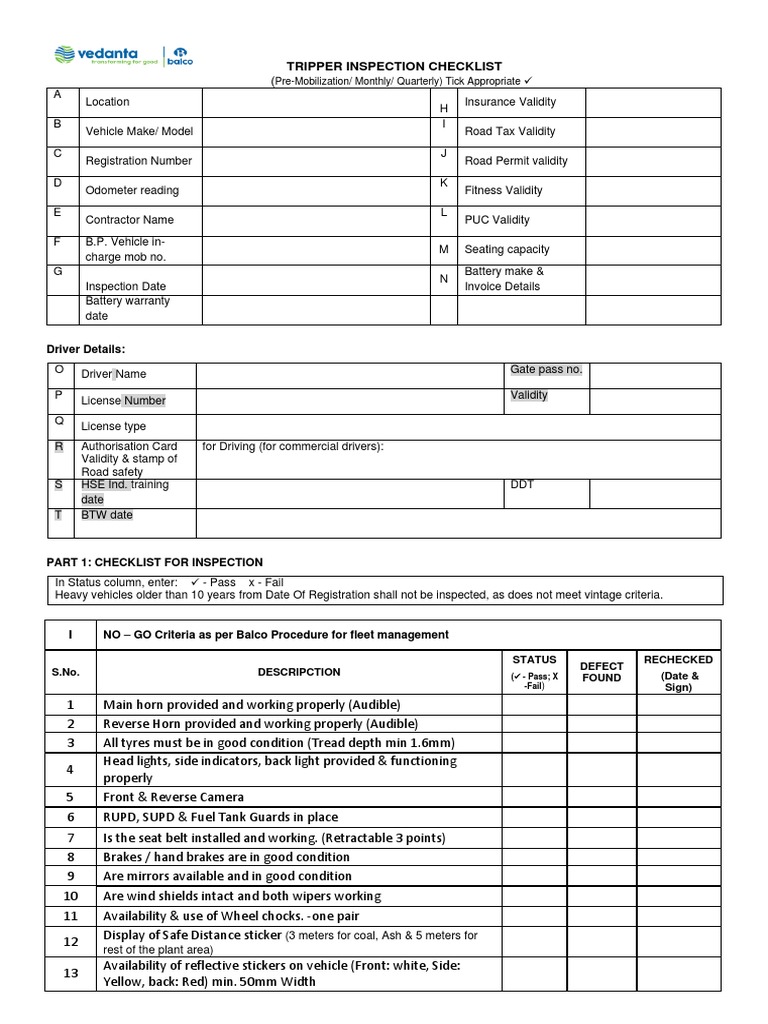 Tipper Truck Inspection Checklist | PDF | Leak | Vehicles