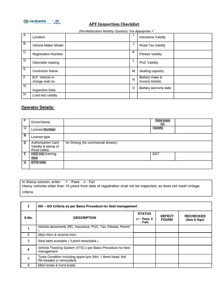 APF Vehicle Inspection Checklist | PDF | Vehicles | Land Vehicles