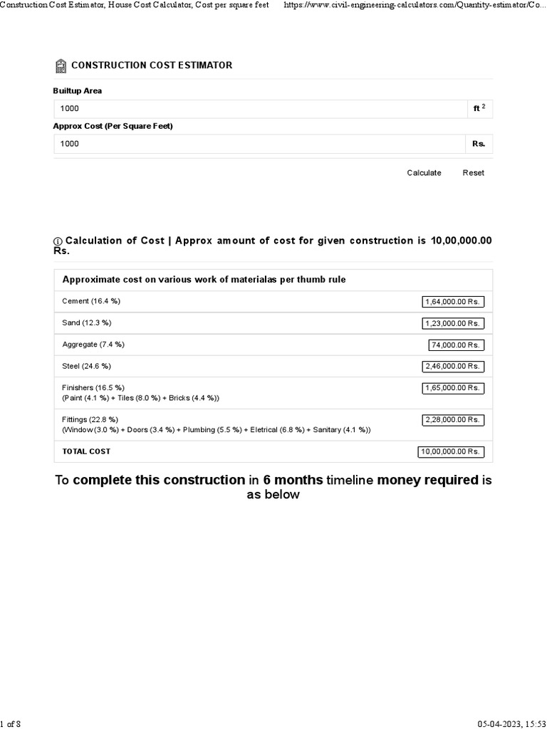 Construction Cost Estimator for 1000 ft² | PDF | Concrete | Brick