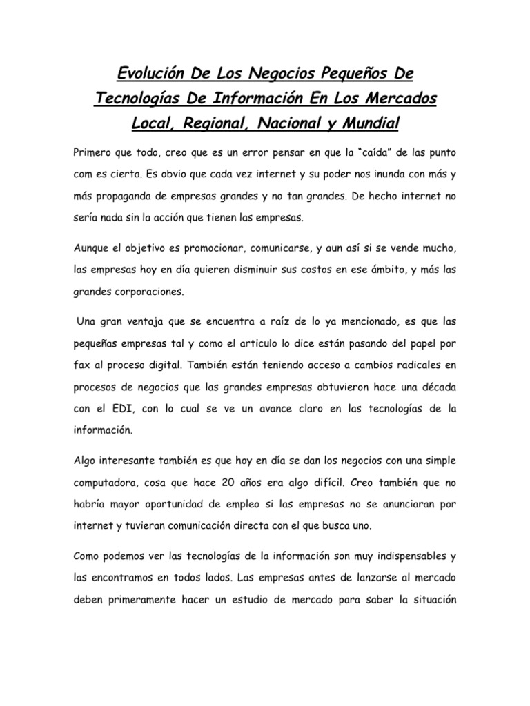 Evolución De Los Negocios Pequeños De Tecnologías De Información En Los