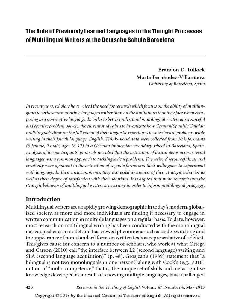 The Role of Previously Learned Languages in The Thought Processes of