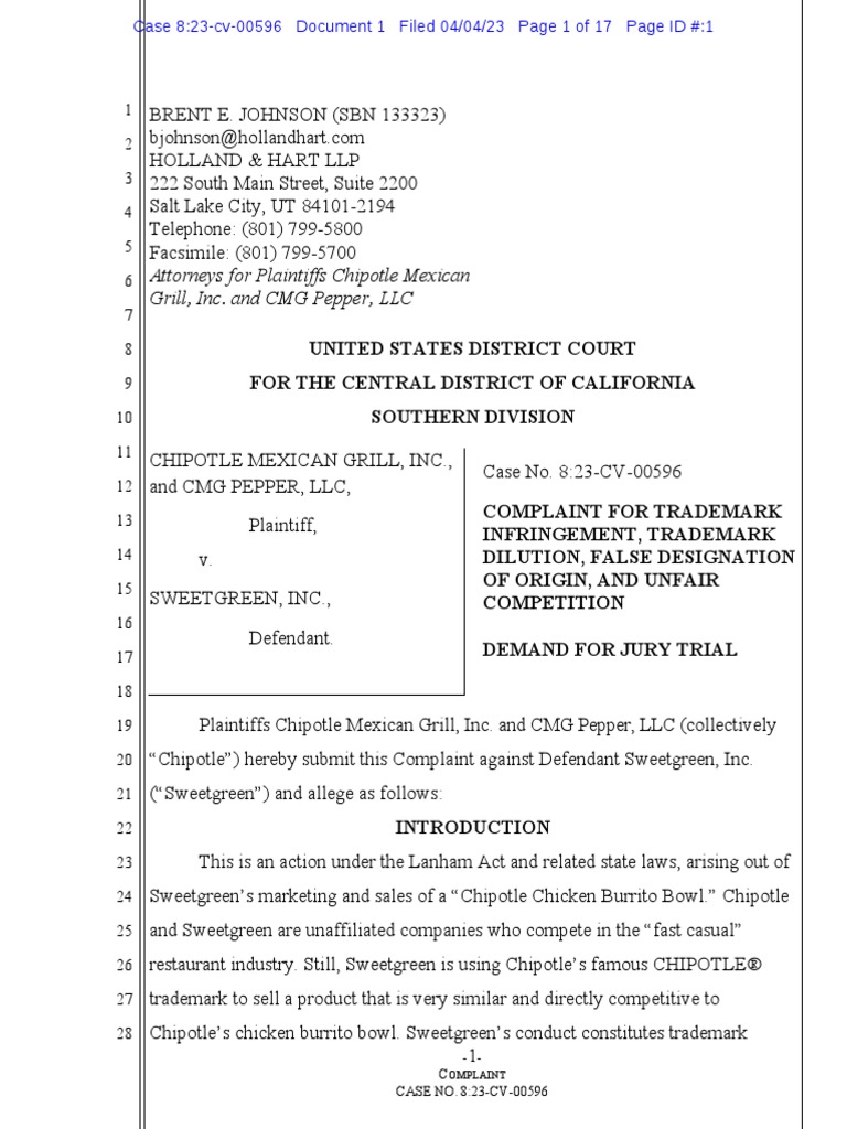 Chipotle v. Sweetgreen Complaint PDF Chipotle Mexican Grill Burrito