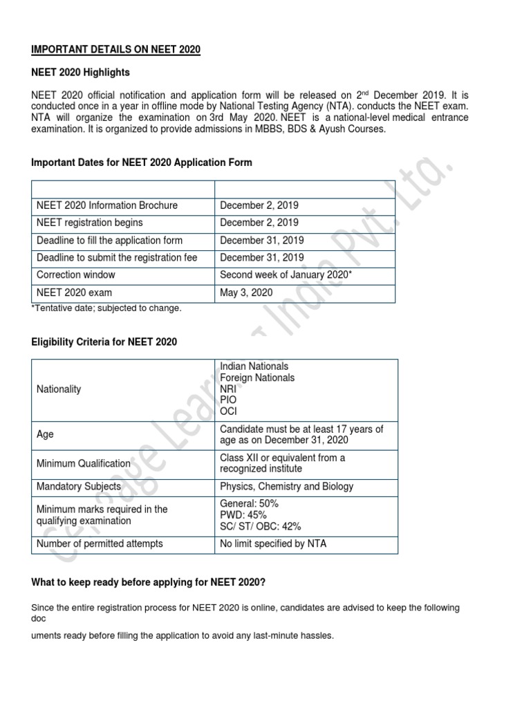 NEET 2020 Exam Details and Guidelines | PDF | Physical Sciences | Chemistry