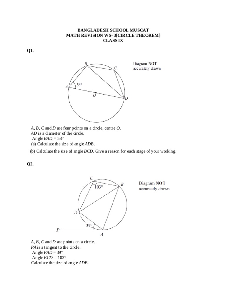 Class IX Circle Theorems Worksheet | PDF