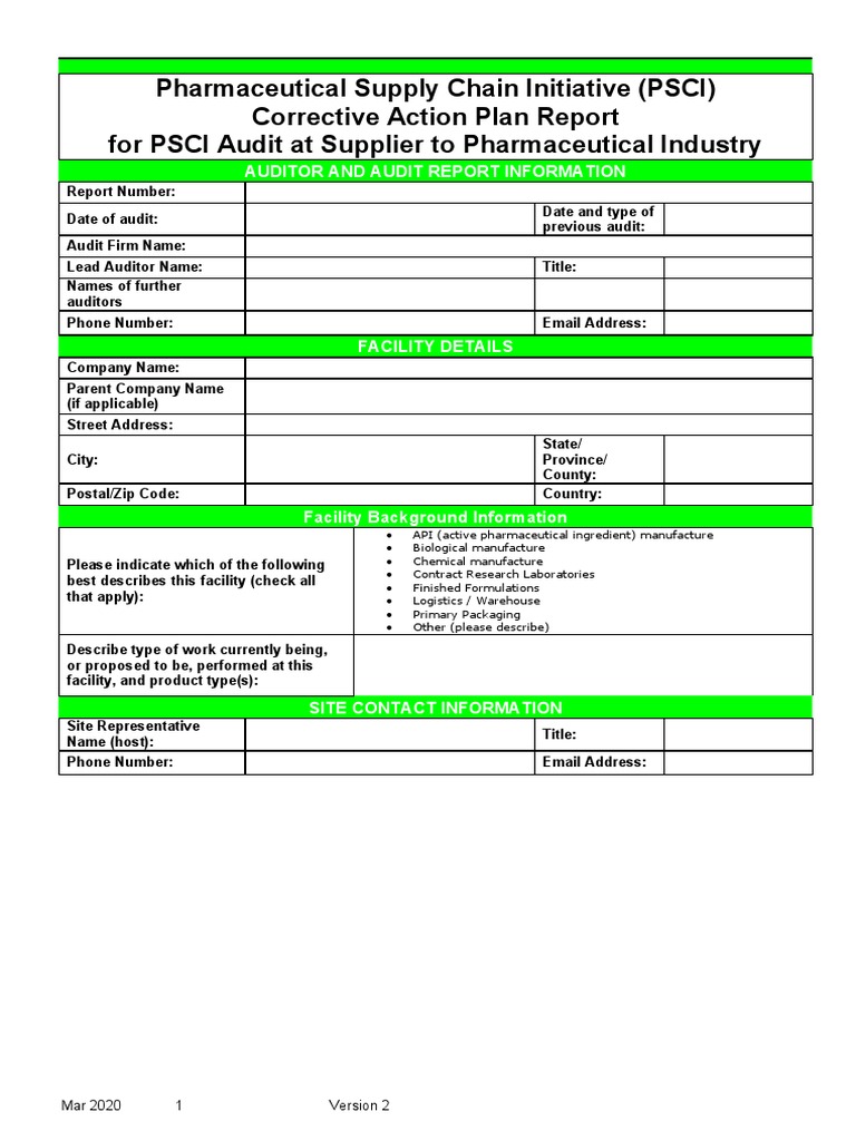 PSCI Supplier Corrective Action Plan | PDF | Auditor's Report | Audit