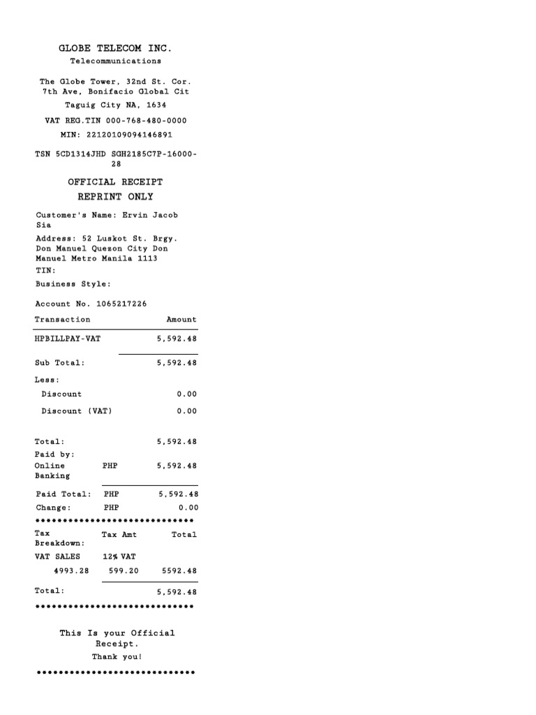 Globe telecom inc official receipt pdf