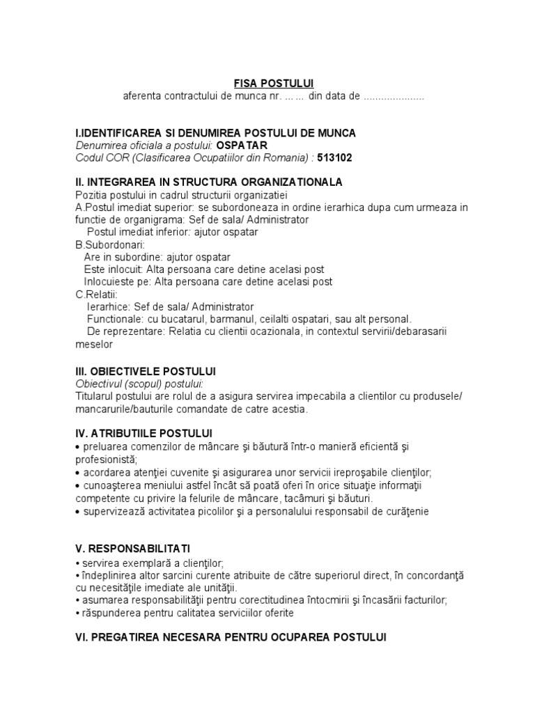 Fisa Post Ospatar | PDF