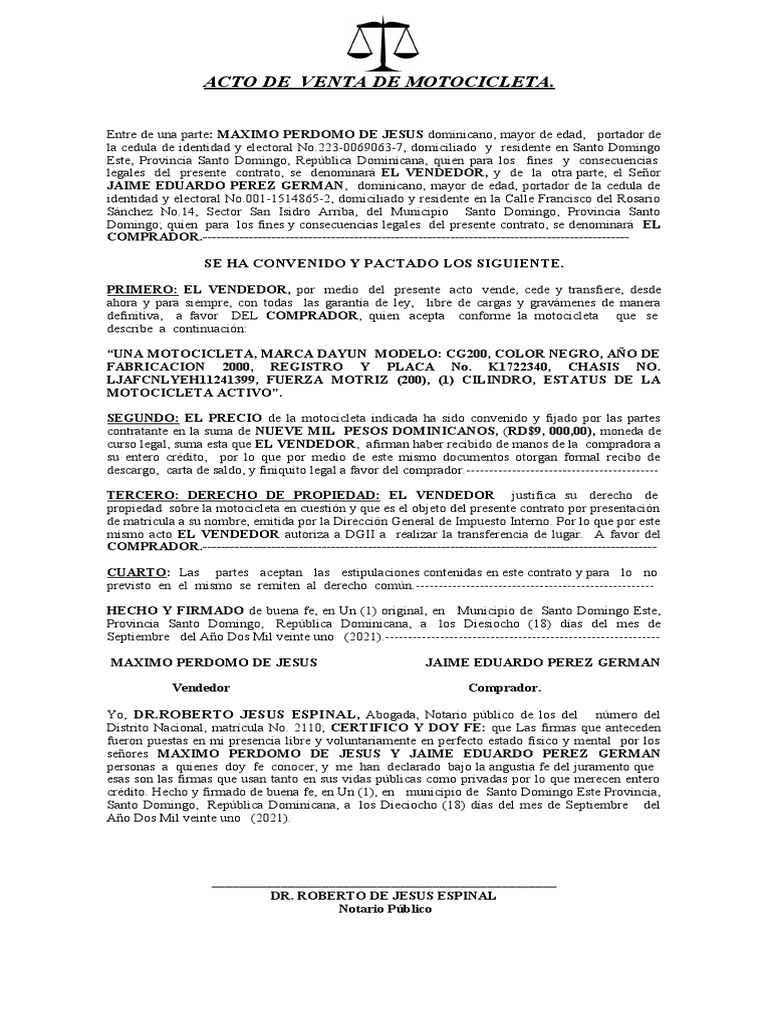 01 ACTO DE VENTA DE MOTOCICLETA MAXIMO (1) | PDF | República Dominicana
